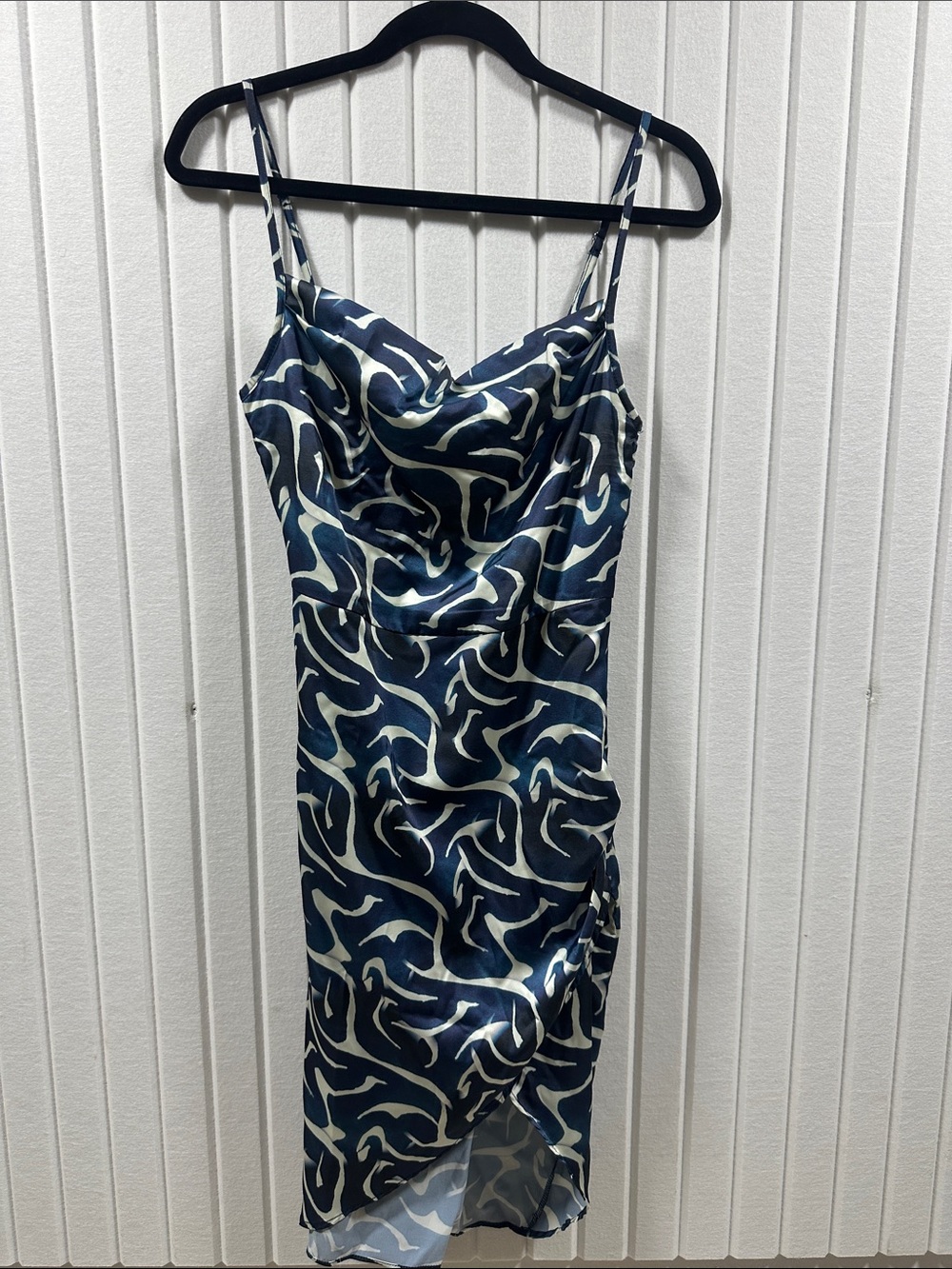 Blue and Cream Satin Cowl Midi Slip Dress